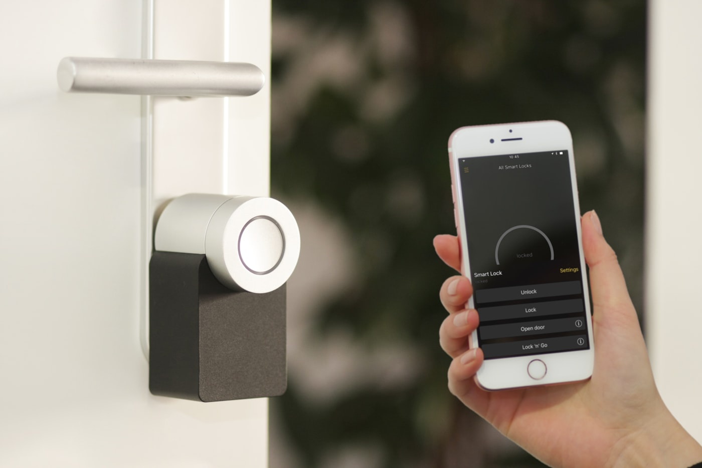 Smart home control panel and motorized shades in a modern interior